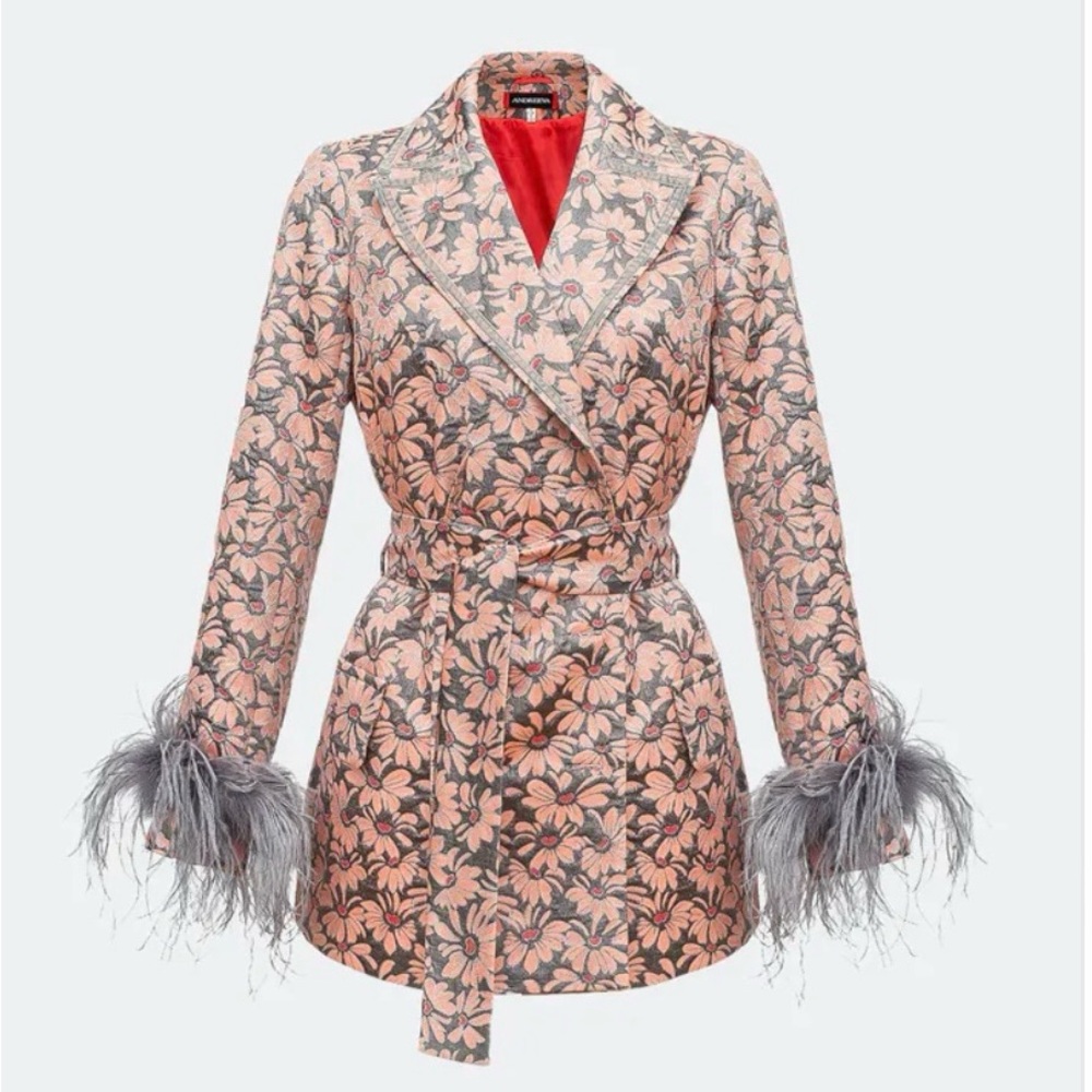 Andreeva - Grey Jacqueline Jacket With Detachable Feather Cuffs - Size Small